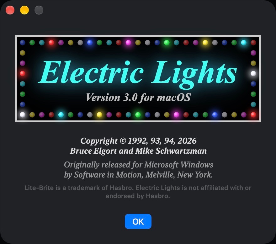 The Electric Lights About window: the glowing wordmark inside a ring of colored marquee bulbs, with the 1992 to 2026 copyright for Bruce Elgort and Mike Schwartzman.
